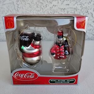 Coca Cola Mini Blown Glass Collection Bear & Snowman Ornaments 2.5 Inch H